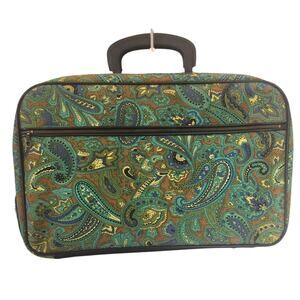 Vintage 60s Green Paisley Fabric Briefcase Travel Bag Laptop Retro Made Japan